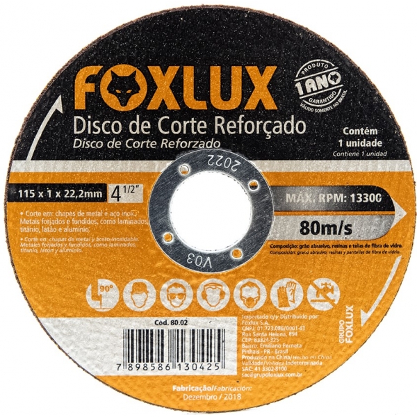 Disco Corte Aco 115 x 22,2 Disflex 80.02 Foxlux
