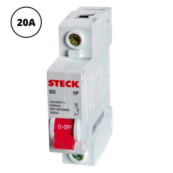 Minidisjuntor Termomagnético Unipolar 20 A Curva C 3 kA SDD61C20 Steck