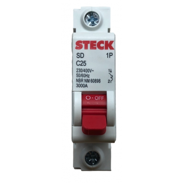 Minidisjuntor Termomagnético Unipolar 25 A Curva C 3 kA SDD61C25 Steck