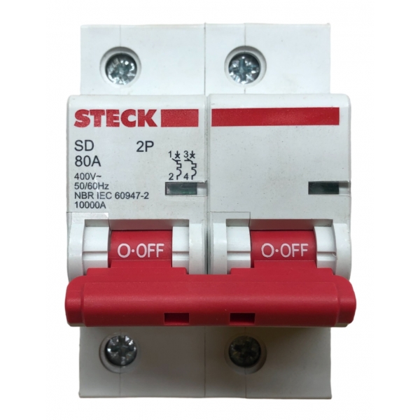 Minidisjuntor Termomagnético Bipolar 80 A Curva C 10 kA SDD2C80 Steck