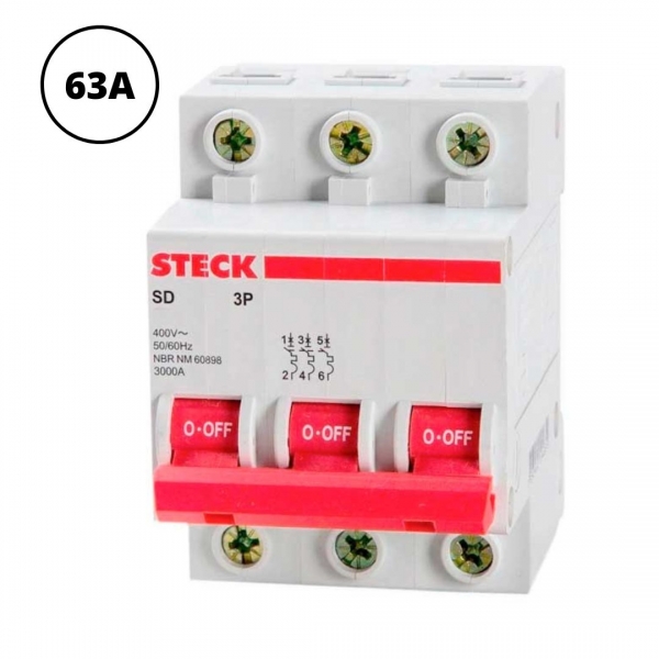 Minidisjuntor Termomagnético Tripolar 63 A Curva C 3 kA SDD63C63 Steck