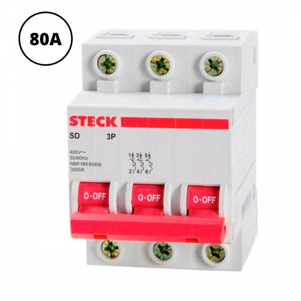 Minidisjuntor Termomagnético Tripolar 80 A Curva C 10 kA SDD3C80 Steck