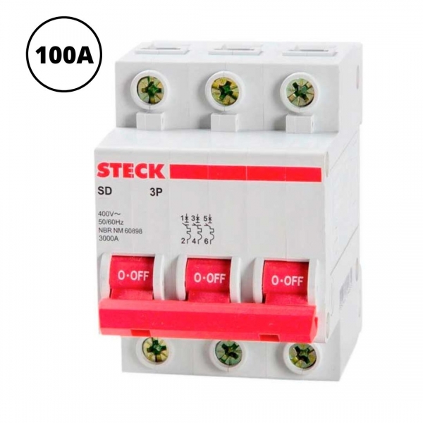 Minidisjuntor Termomagnético Tripolar 100 A Curva C 10 kA SDD3C100 Steck