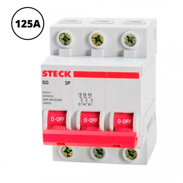 Minidisjuntor Termomagnético Tripolar 125 A Curva C 10 kA SDD3C125 Steck