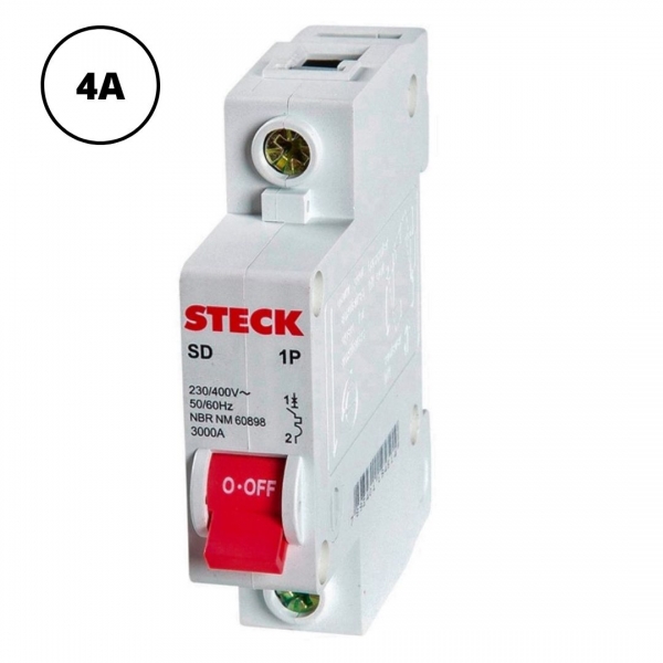 Minidisjuntor Termomagnético Unipolar 4 A Curva C 3 kA SDD61C04 Steck
