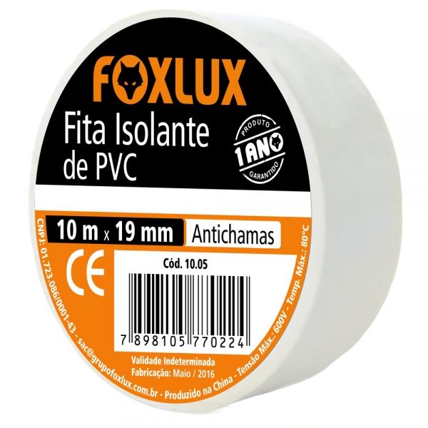 Fita Isolante de PVC 19 mm x 10 m Branco Tubo com 10 Unidades 10.05 Foxlux