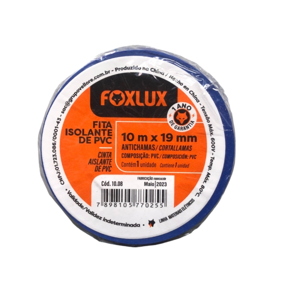 Fita Isolante de PVC 19 mm x 10 m Azul Tubo com 10 Unidades 10.08 Foxlux