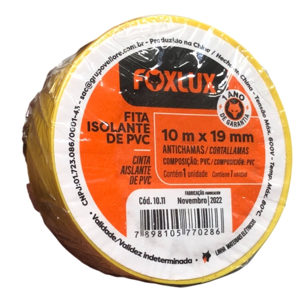 Fita Isolante de PVC 19 mm x 10 m Amarelo Tubo com 10 Unidades 10.11 Foxlux