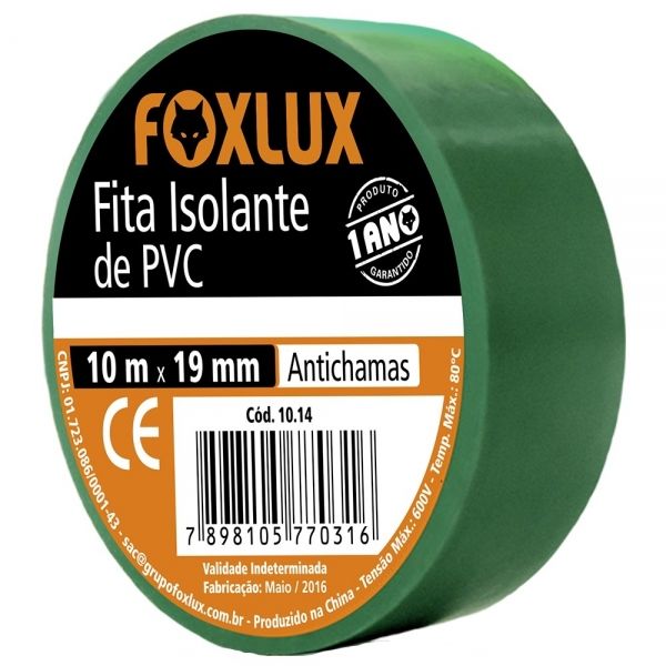 Fita Isolante de PVC 19 mm x 10 m Verde Tubo com 10 Unidades 10.14 Foxlux