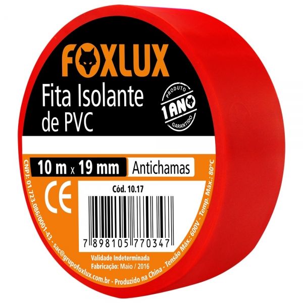 Fita Isolante de PVC 19 mm x 10 m Vermelho Tubo com 10 Unidades 10.17 Foxlux