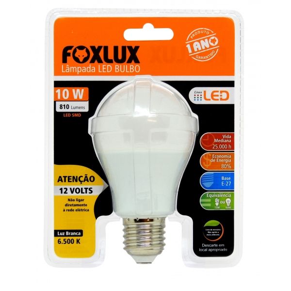 Lampada LED Bulbo A60 12v 10 W E27 6500 K Branca Frio 10.12 Foxlux