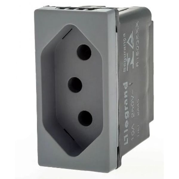 Tomada 2P+T 10 A 250 V Cinza com Borne Automático Pial Plus+ 615038CZ Pial Legrand