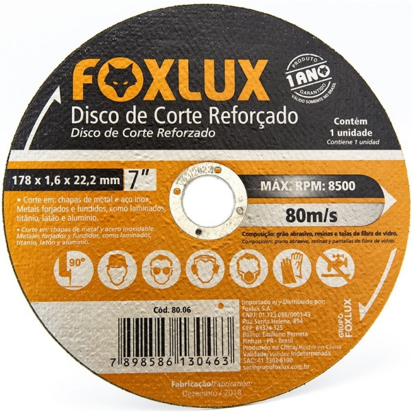 Disco Corte Aco 178 Mm (7) x 1,6mmx22,2 Mm 80.06 Foxlux