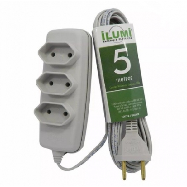 Extensão Elétrica com 3 Tomadas 2P+T 10 A 250 V Cabo PP 5 m Cinza 17100 Ilumi