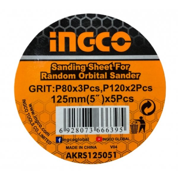 Jogo com 5 Lixas Circulares 125 mm P80 e P120 AKRS125051 INGCO