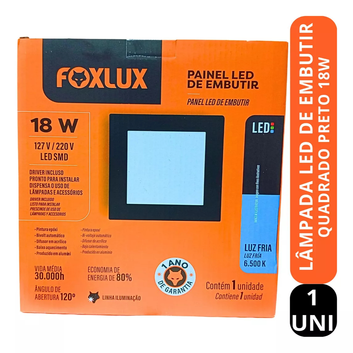 Painel Quadrado Embutir 18 W LED Bivolt 6500 K Preto Led90.2148 Foxlux