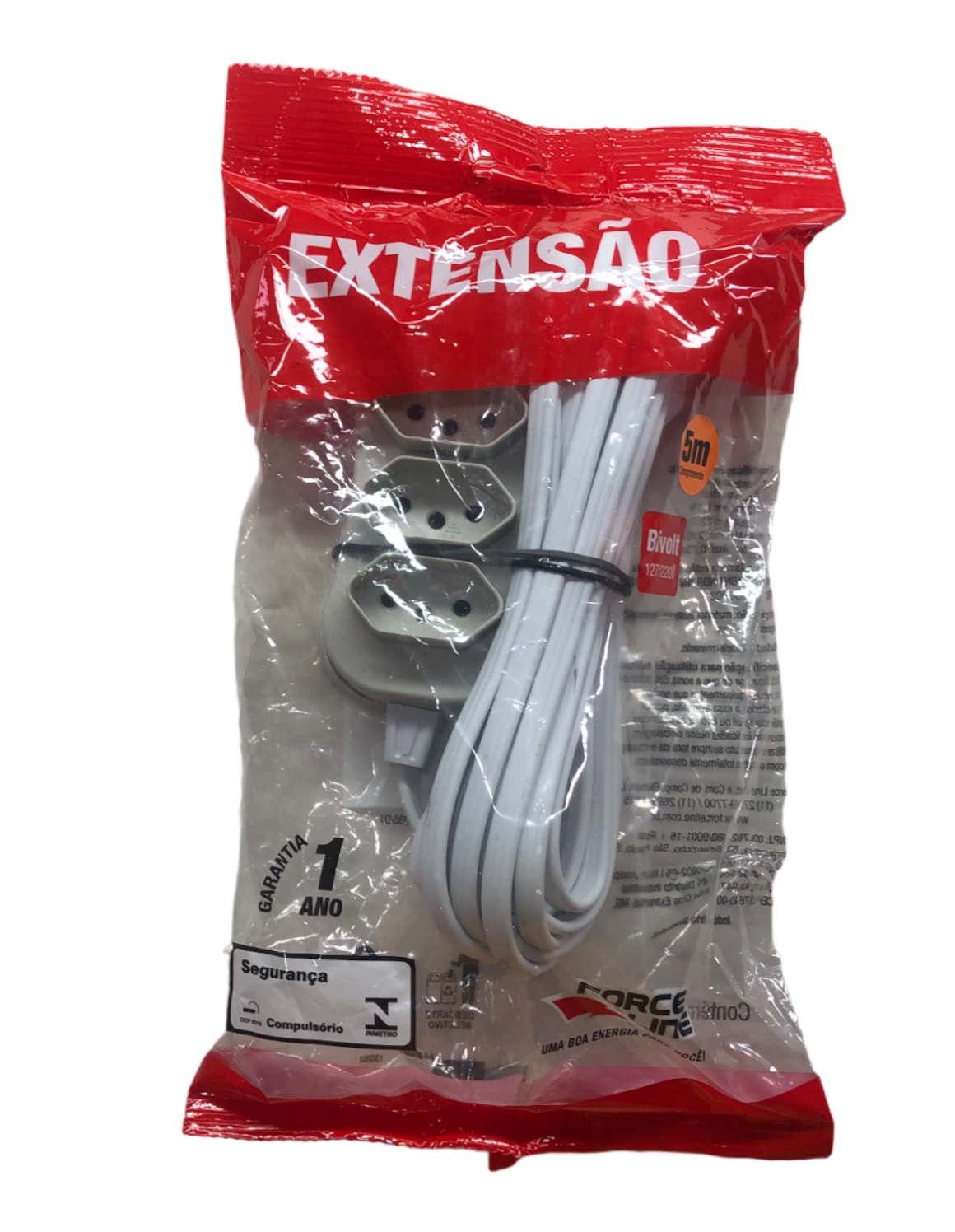 Extensao 5 Metros 3 Tomadas 3 Polos Branco Forceline 0180200251