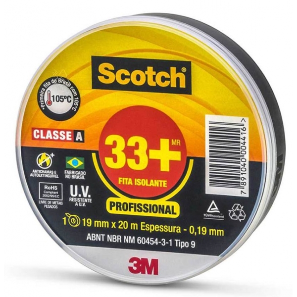 Kit 3 Rolos Fita Isolante Scotch 33+ 19 mm x 20 m Preta 3M