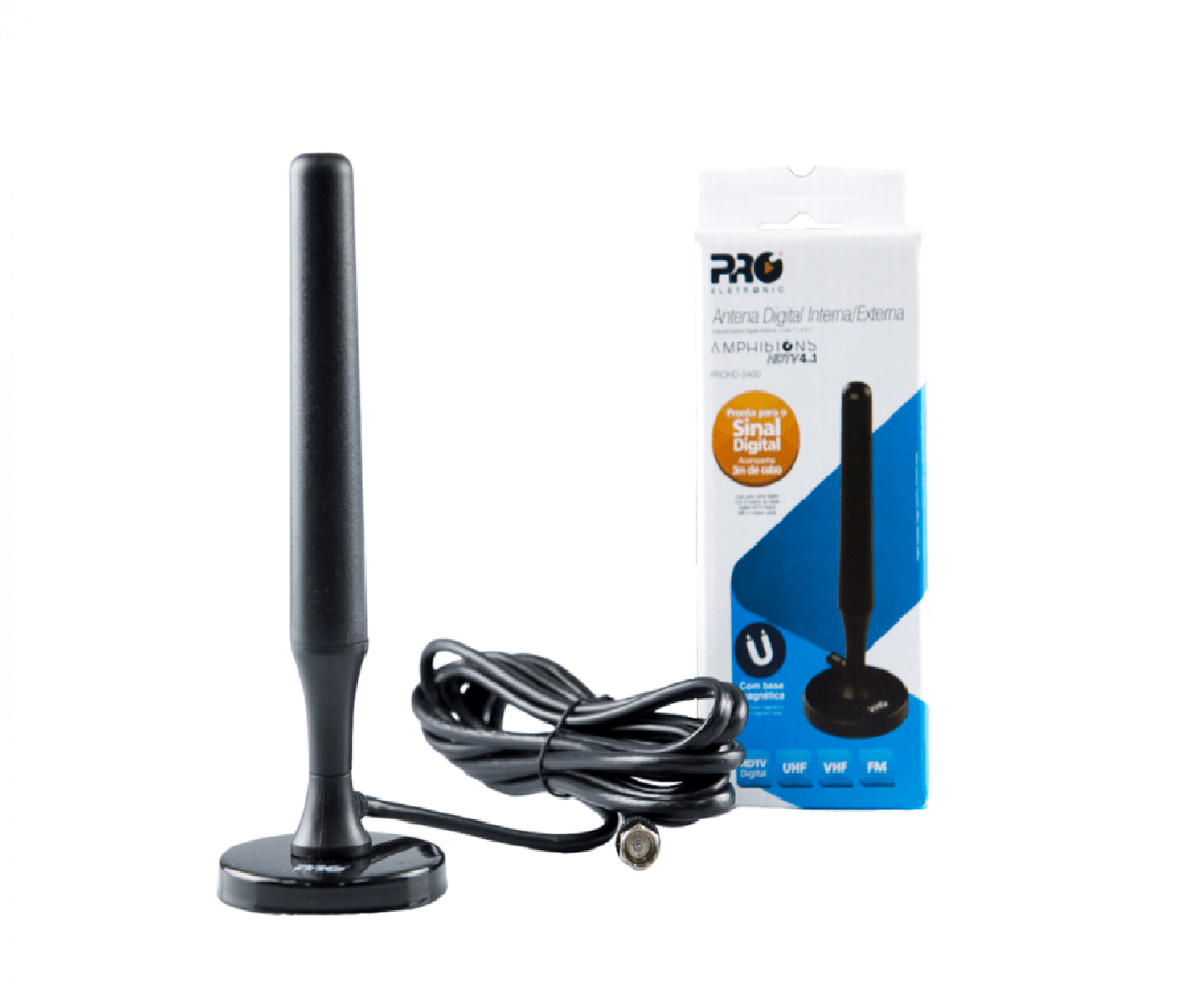 Antena Interna Digital UHF HDTV com Base Magnética PROHD-2400 Pro Eletronic