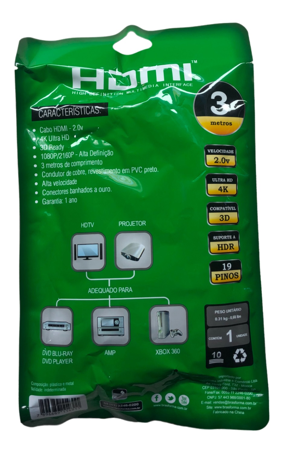 Cabo HDMI 2.0 4K 3D 3,00 m HDMI5003 Brasforma