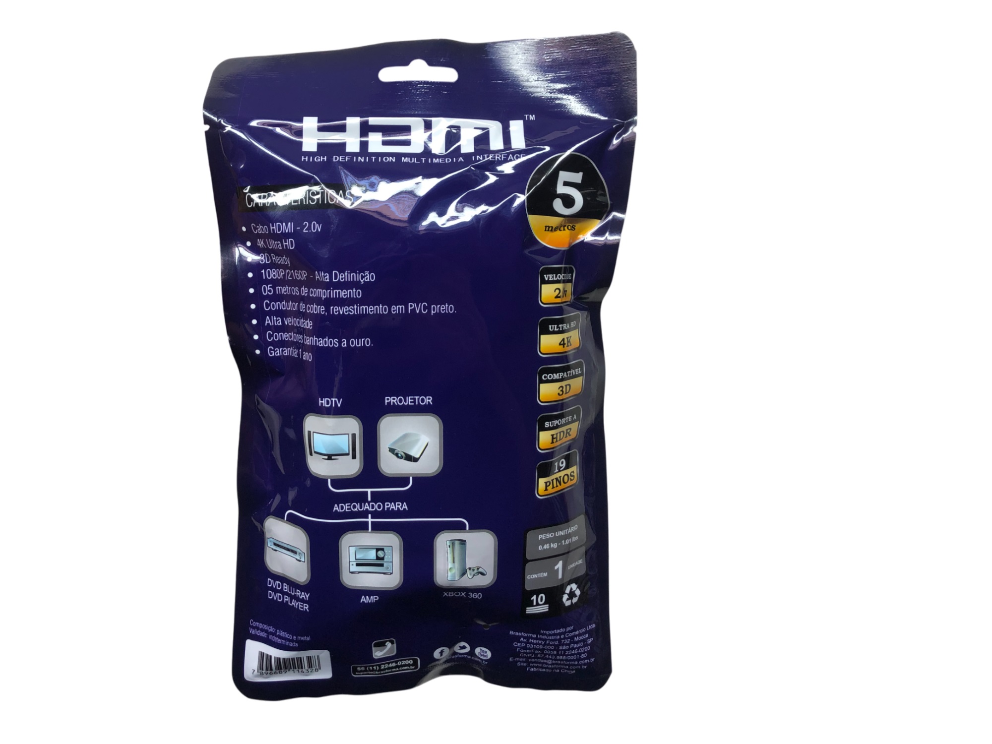 Cabo HDMI 2.0 4K Ultra HD 3D 5 m HDMI5005 Brasforma