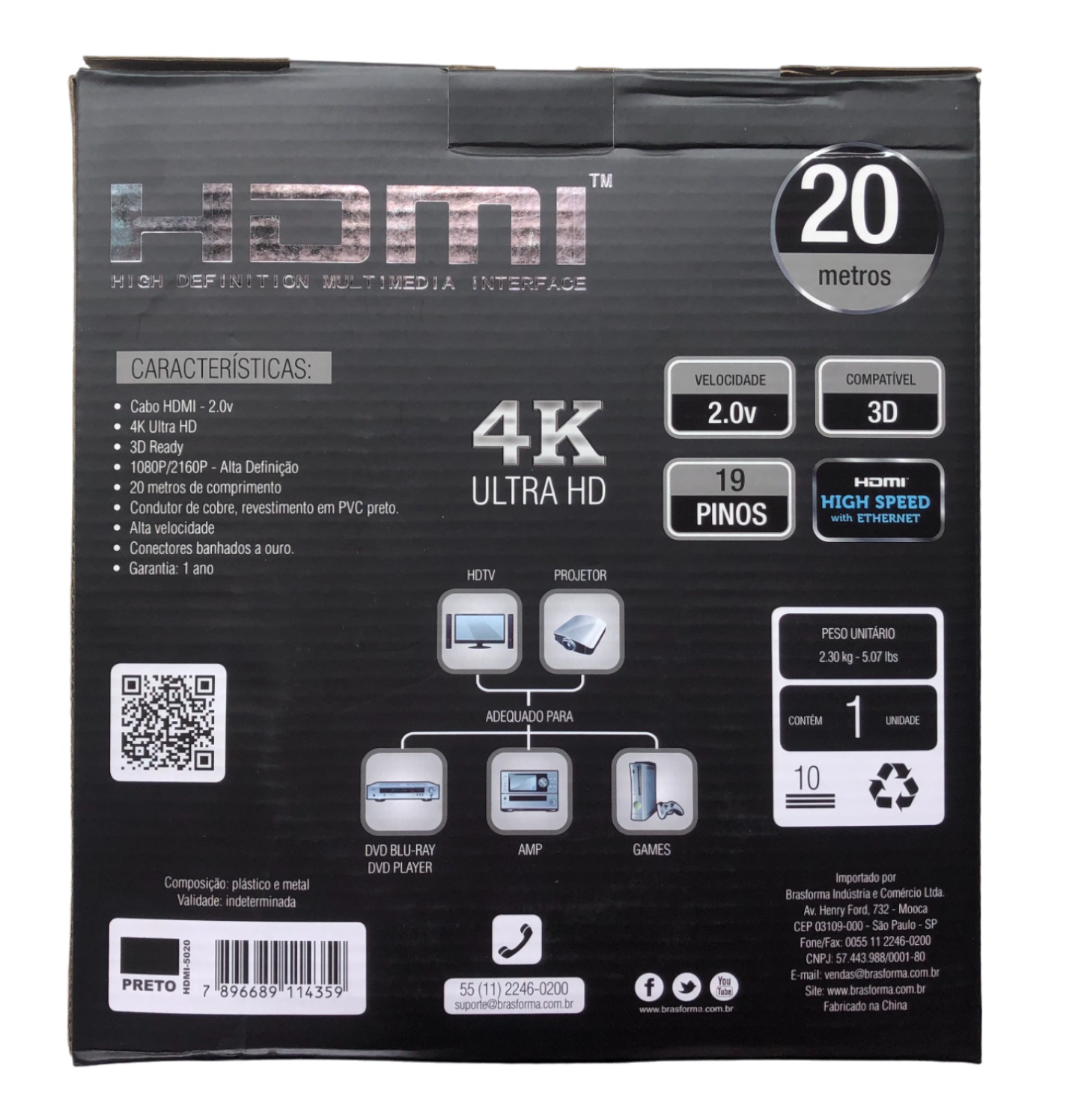 Cabo HDMI 2.0 4K 3D 20 m HDMI5020 Brasforma