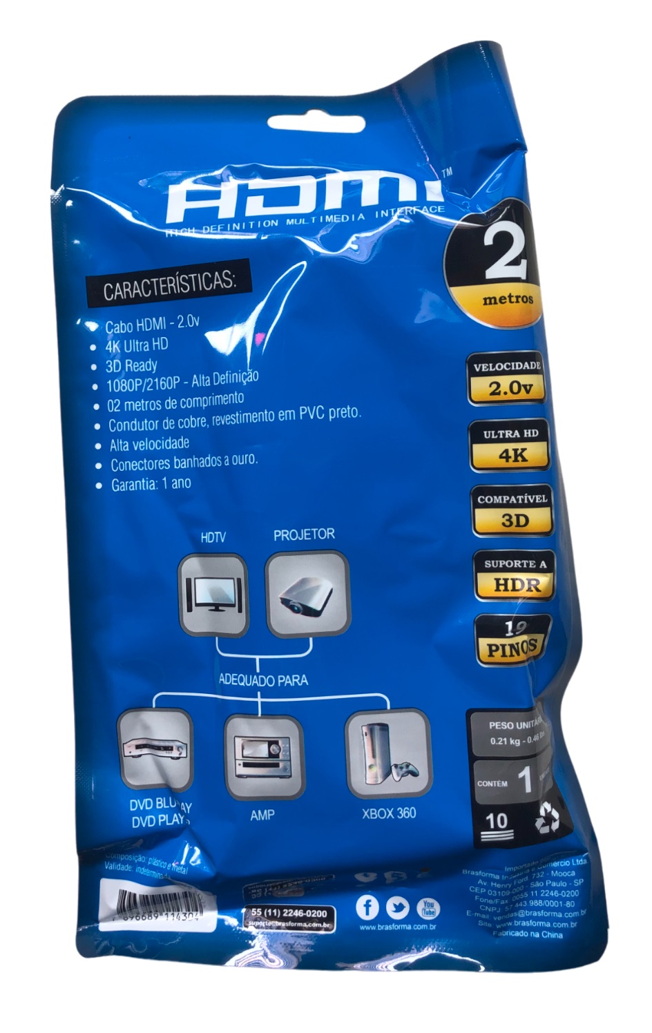 Cabo HDMI 2.0 4K 3D 2,00 m HDMI5002 Brasforma