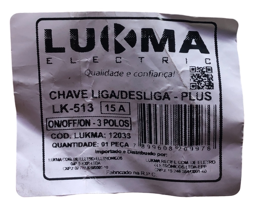 Chave de Alavanca Unipolar Reversora 15 A 3 Terminais 12033 Lukma