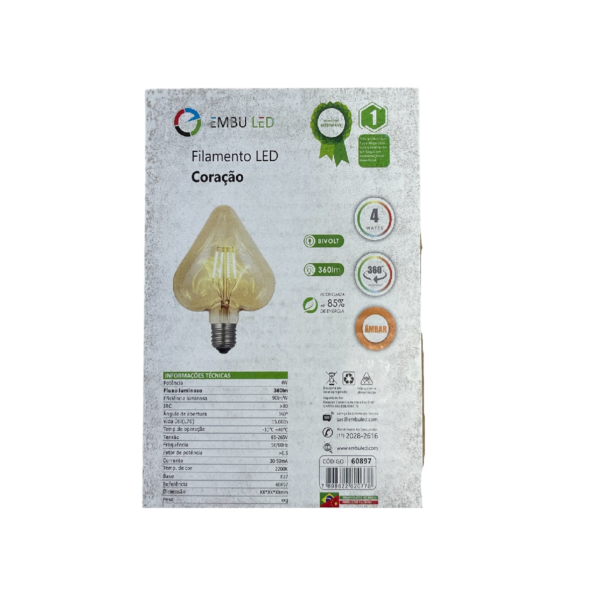 Lampada LED Filamento Coracao 4w E27 2200k Embuled 60897