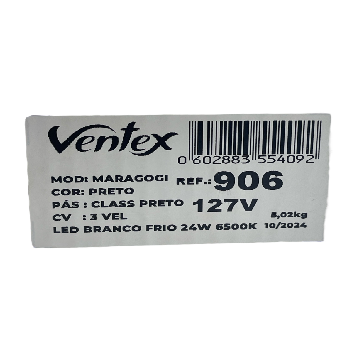 Ventilador de Teto Maragogi 3 Pás 127 V 150 W LED 24 W 6500 K Preto/Preto 1,15 m 906 Ventex