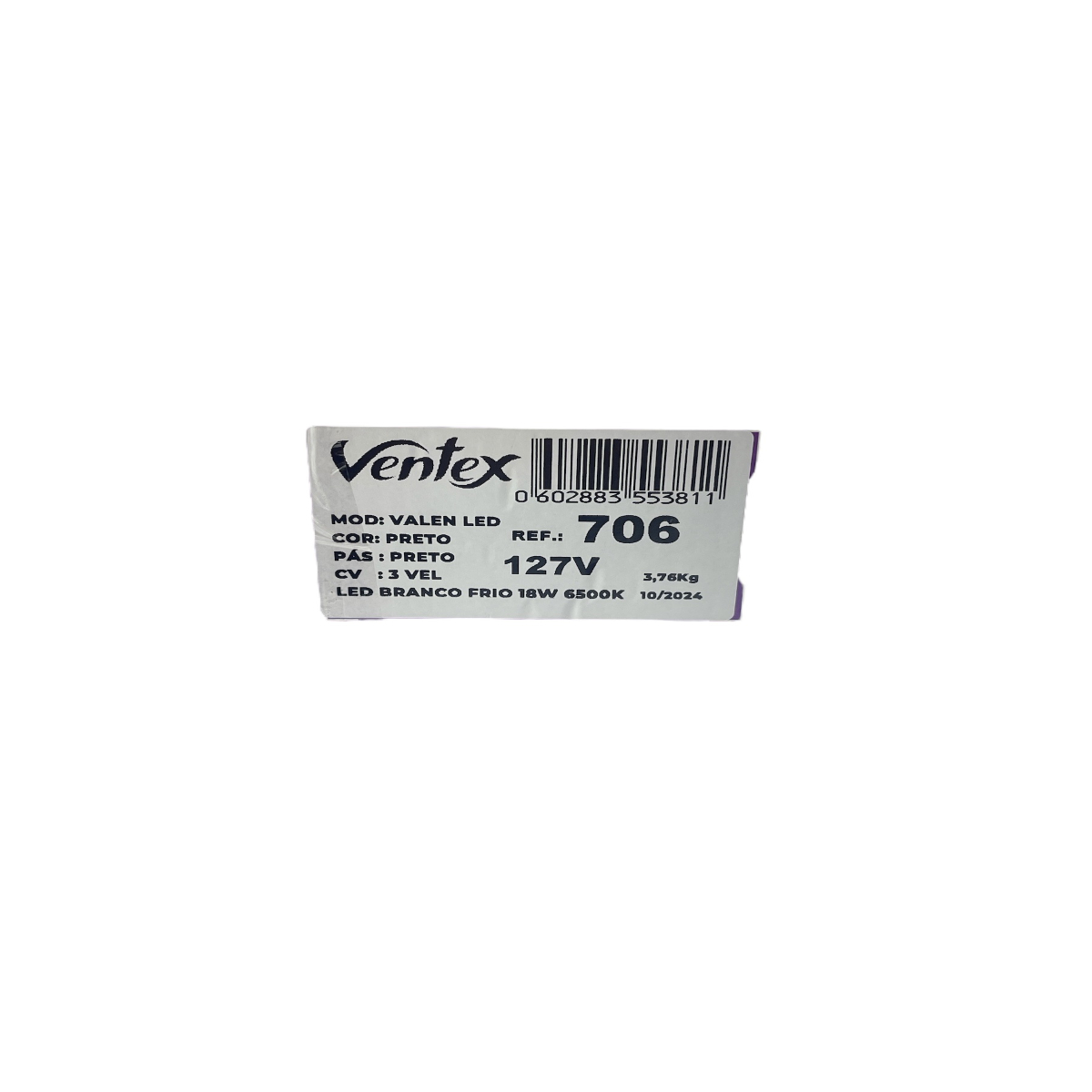 Ventilador de Teto Valen LED 3 Pás 127 V 150 W LED 6500 K Preto/Preto 1,1 m Ventex