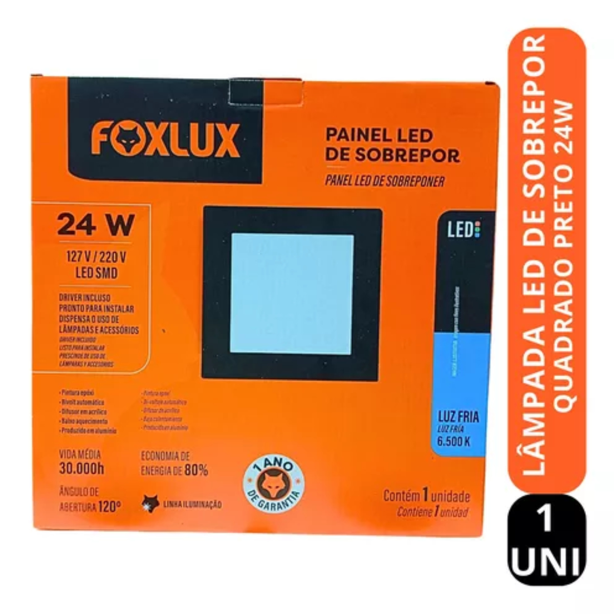 Painel Quadrado Sobrepor 24 W LED 4000 K Bivolt Preto Led90.245 Foxlux