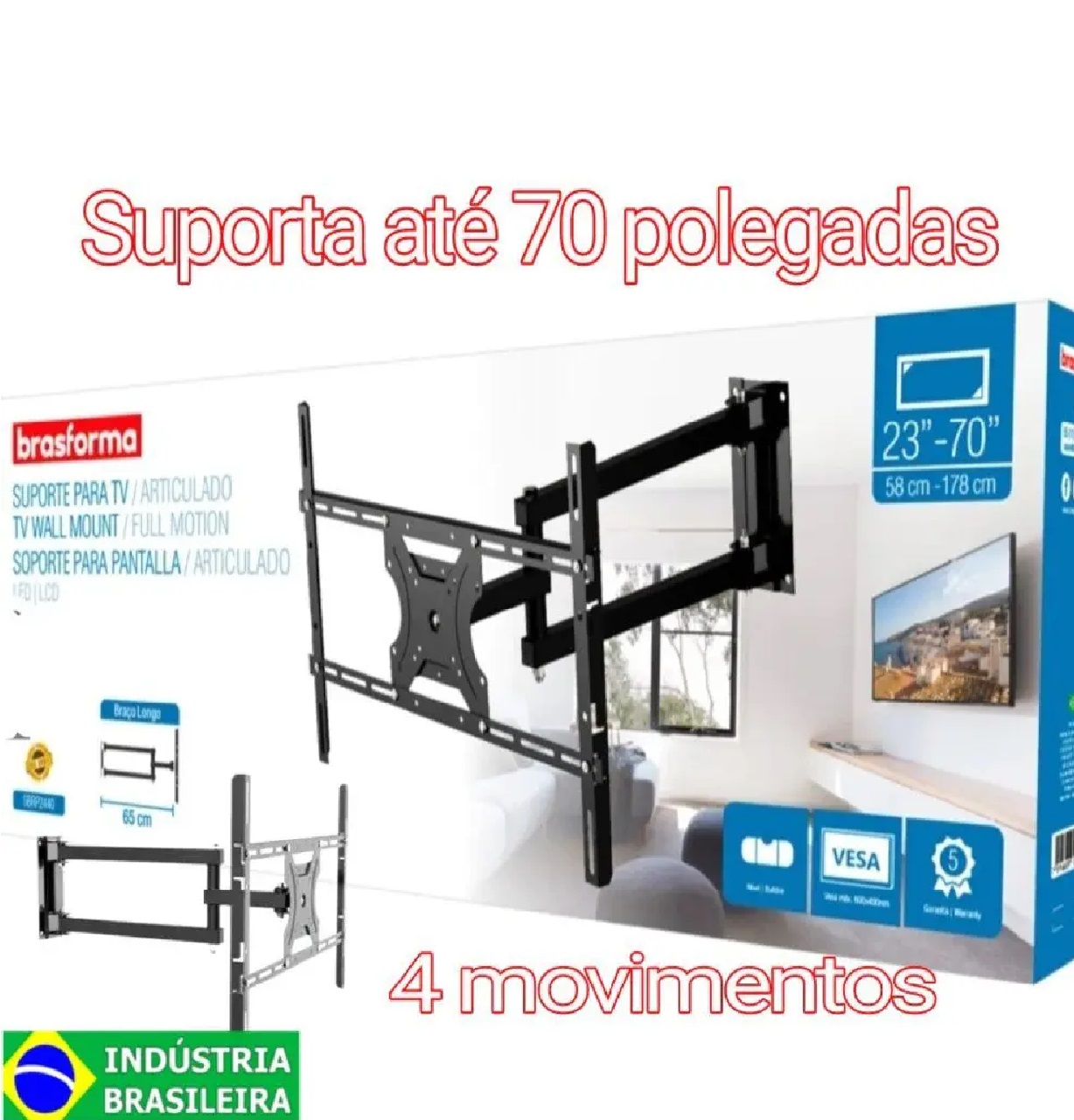 Suporte para TV LED de 23 a 70 pol. Tri-articulado SBRP2440 Brasforma
