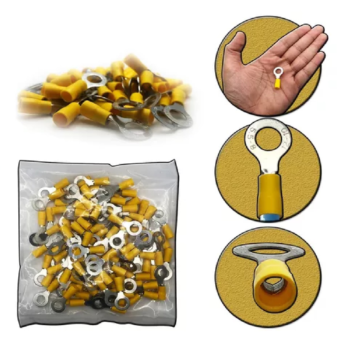 Terminal Argola Pré-Isolado para Cabo 4 a 6 mm² com Furo 1/4 pol. Amarelo Lukma