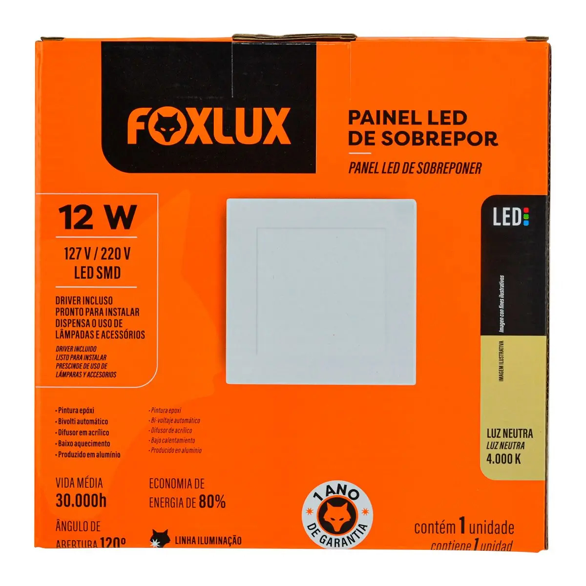 Painel Quadrado Sobrepor 12 W LED Bivolt 4000 K Led90.164 Foxlux