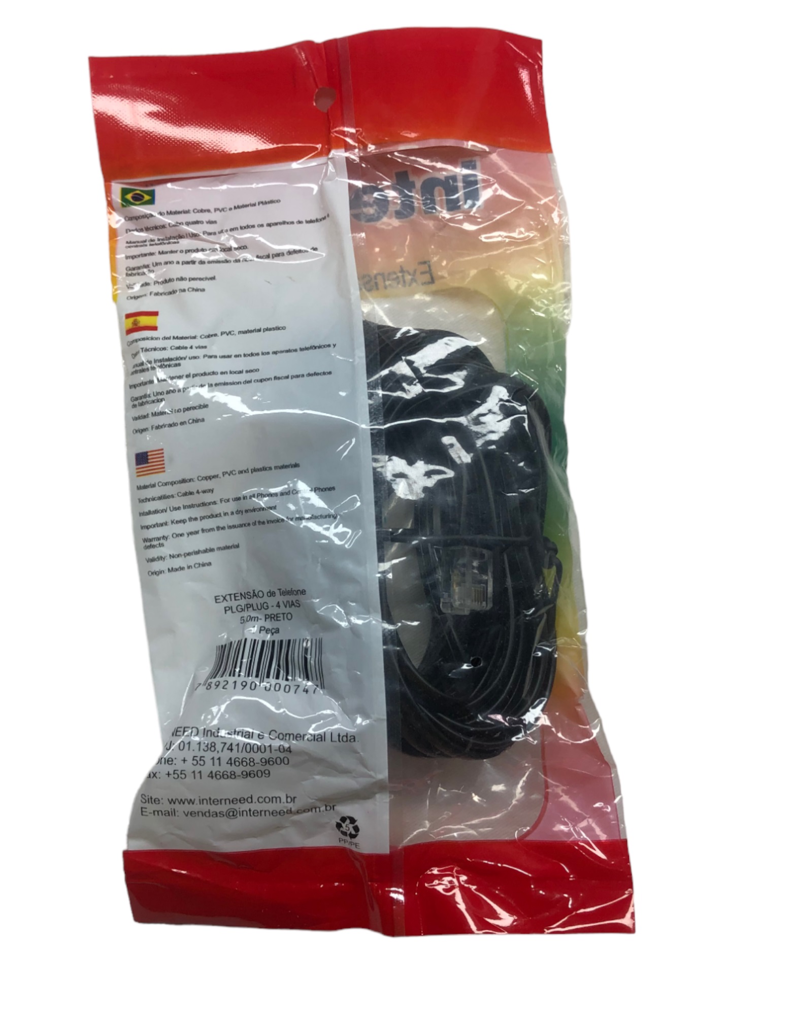 Extensão Telefônica RJ11 Jack/Jack 3 m Preta Interneed