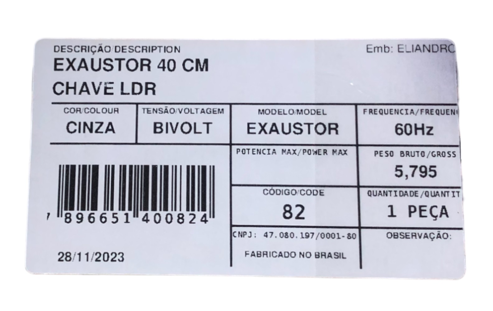 Exaustor 40 cm Bivolt Loren Sid 82