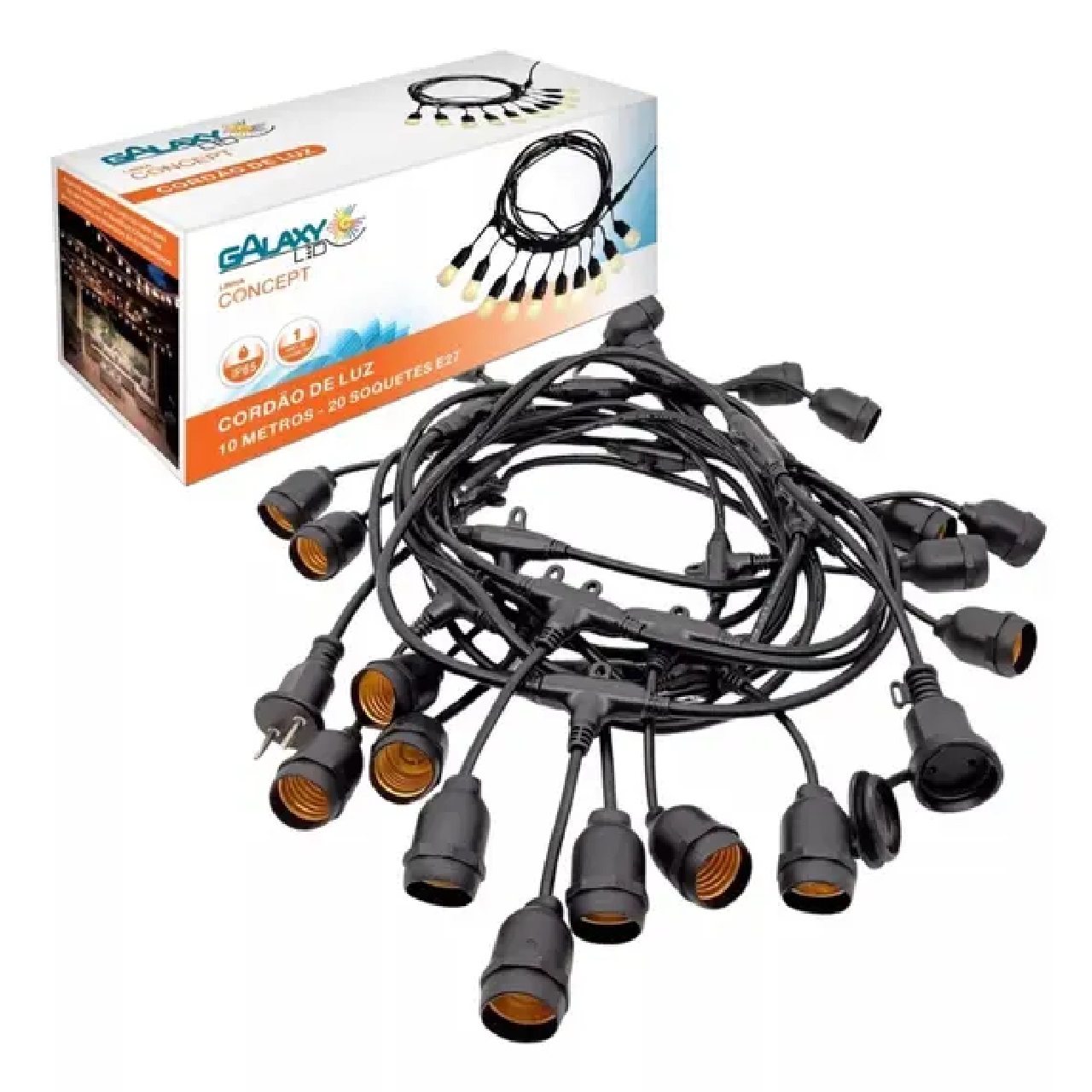 Varal de Luz IP65 10 m com 20 Soquetes E27 3732 Galaxy