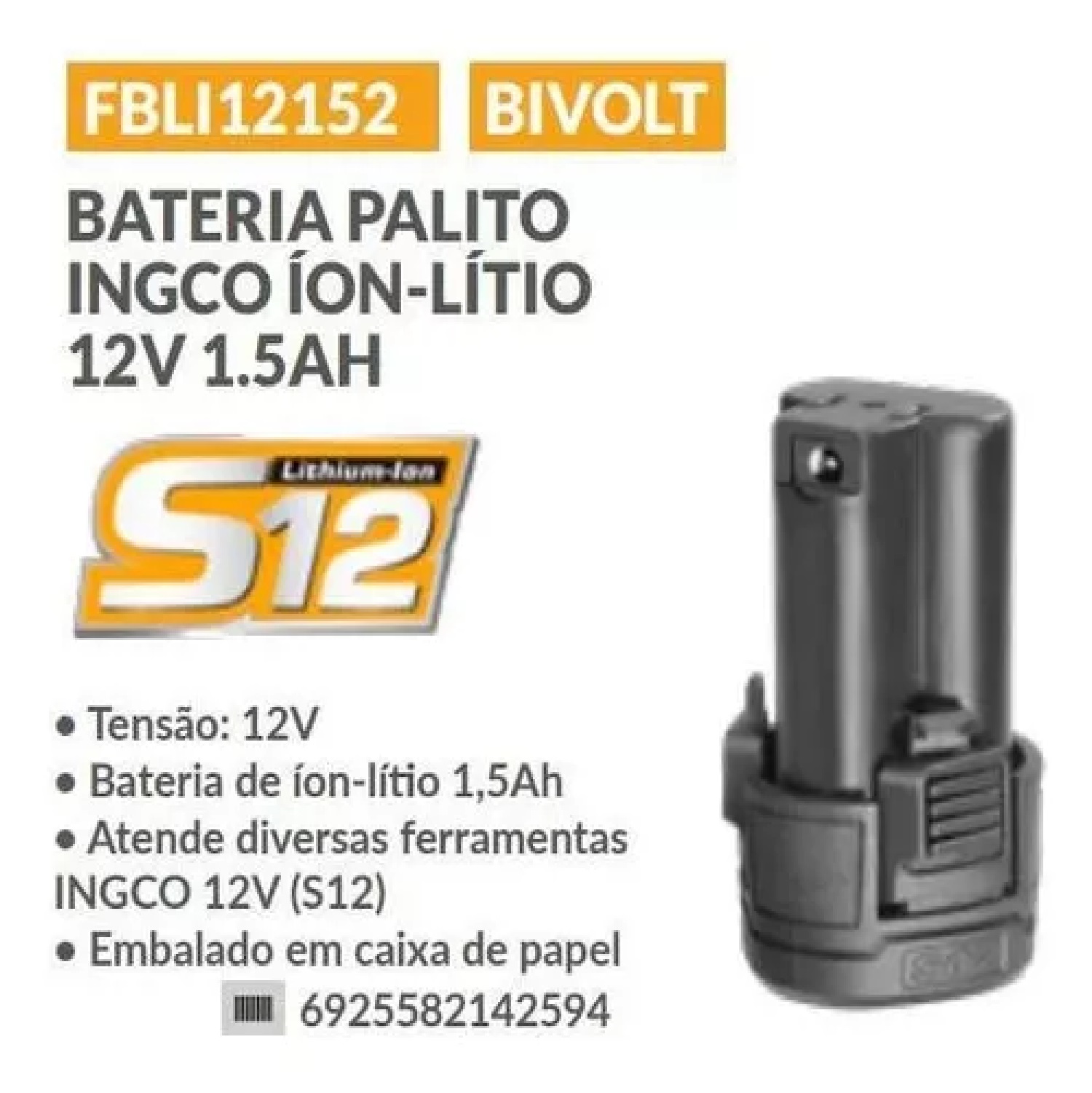 Bateria Íon-Lítio 12 V 1,5 Ah S12 FBLI12153 INGCO