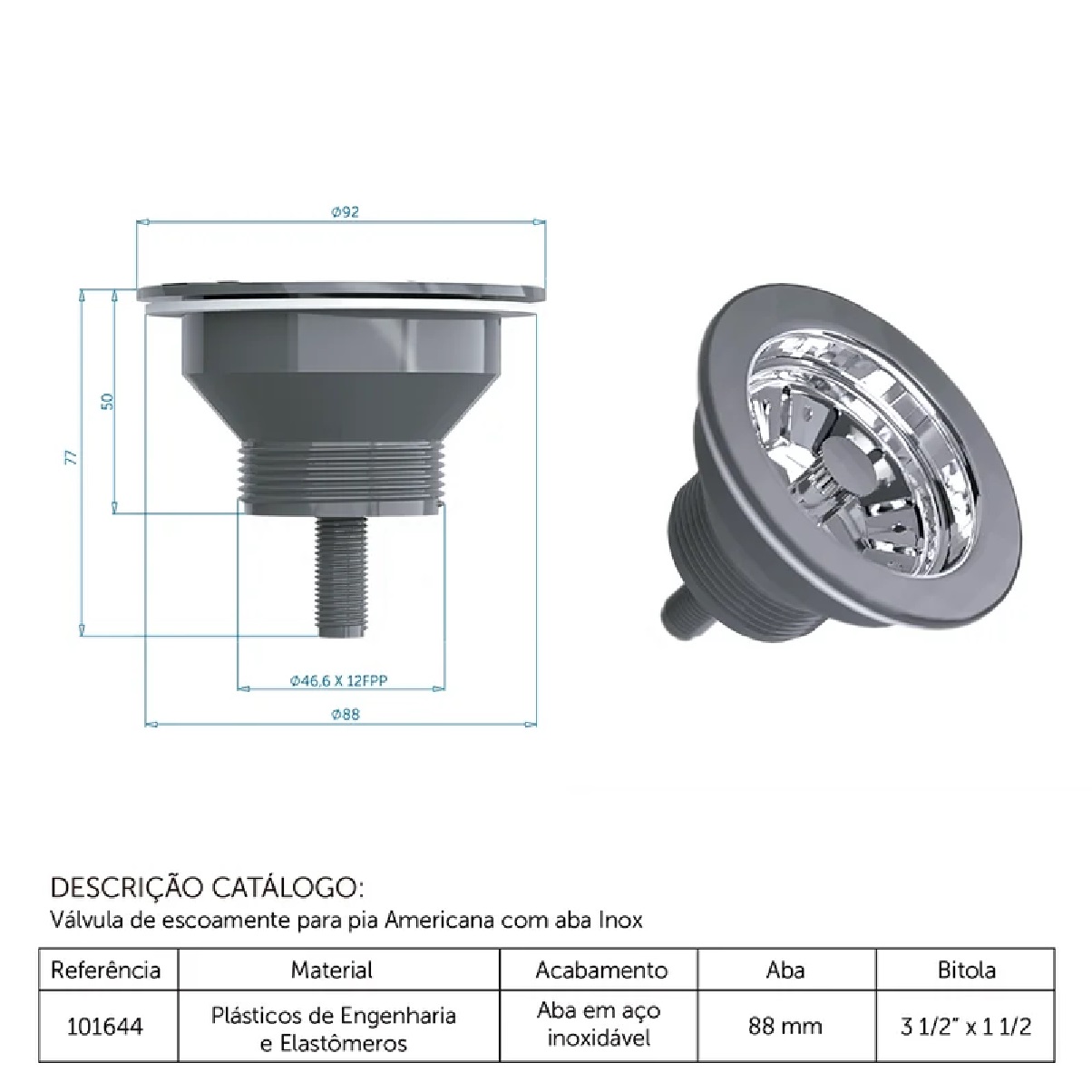 Válvula de Escoamento para Pia Americana 4 1/2 x 1 1/2 pol. 101647 Blukit