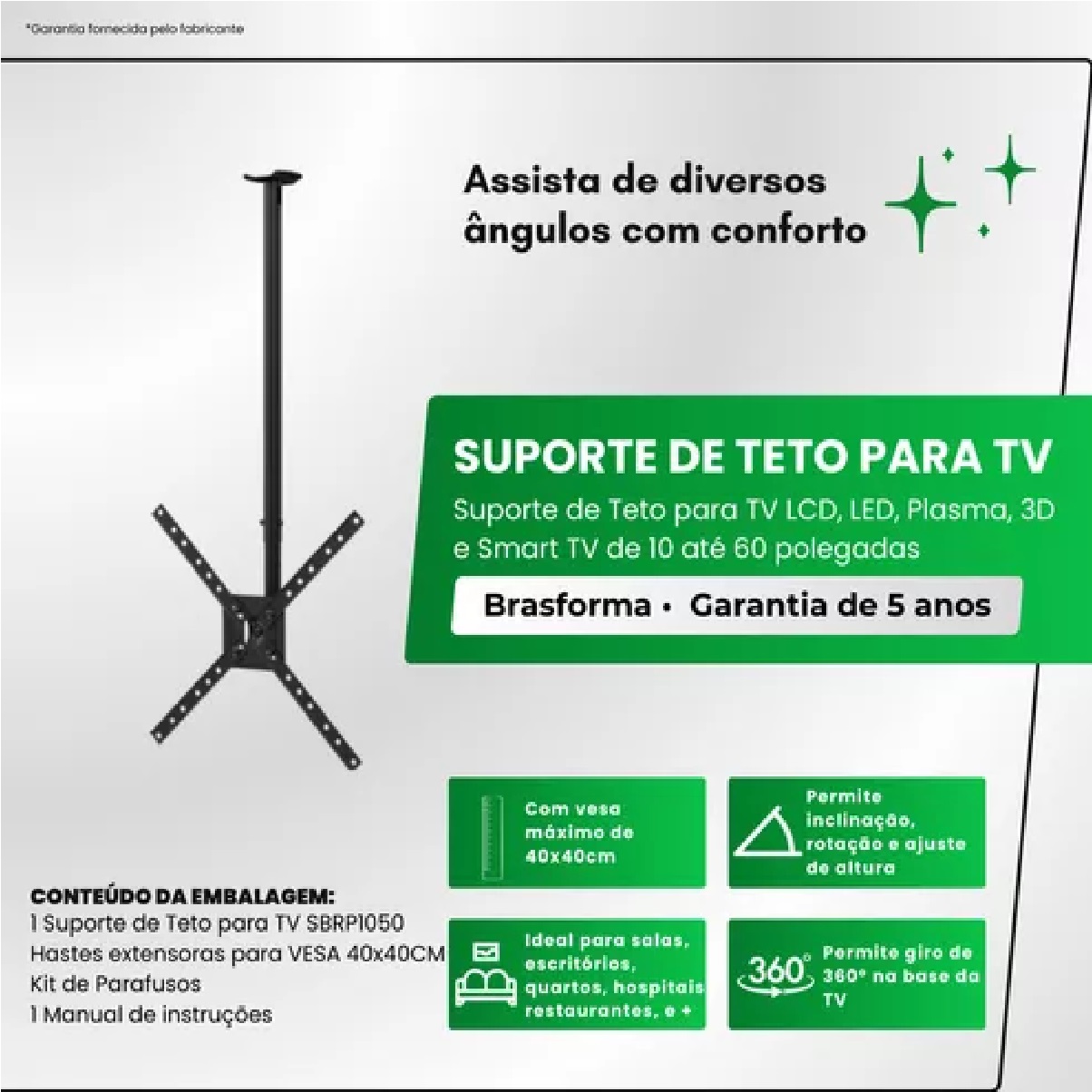 Suporte para TV LED de 10 a 60 pol. Teto SBRP1050 Brasforma
