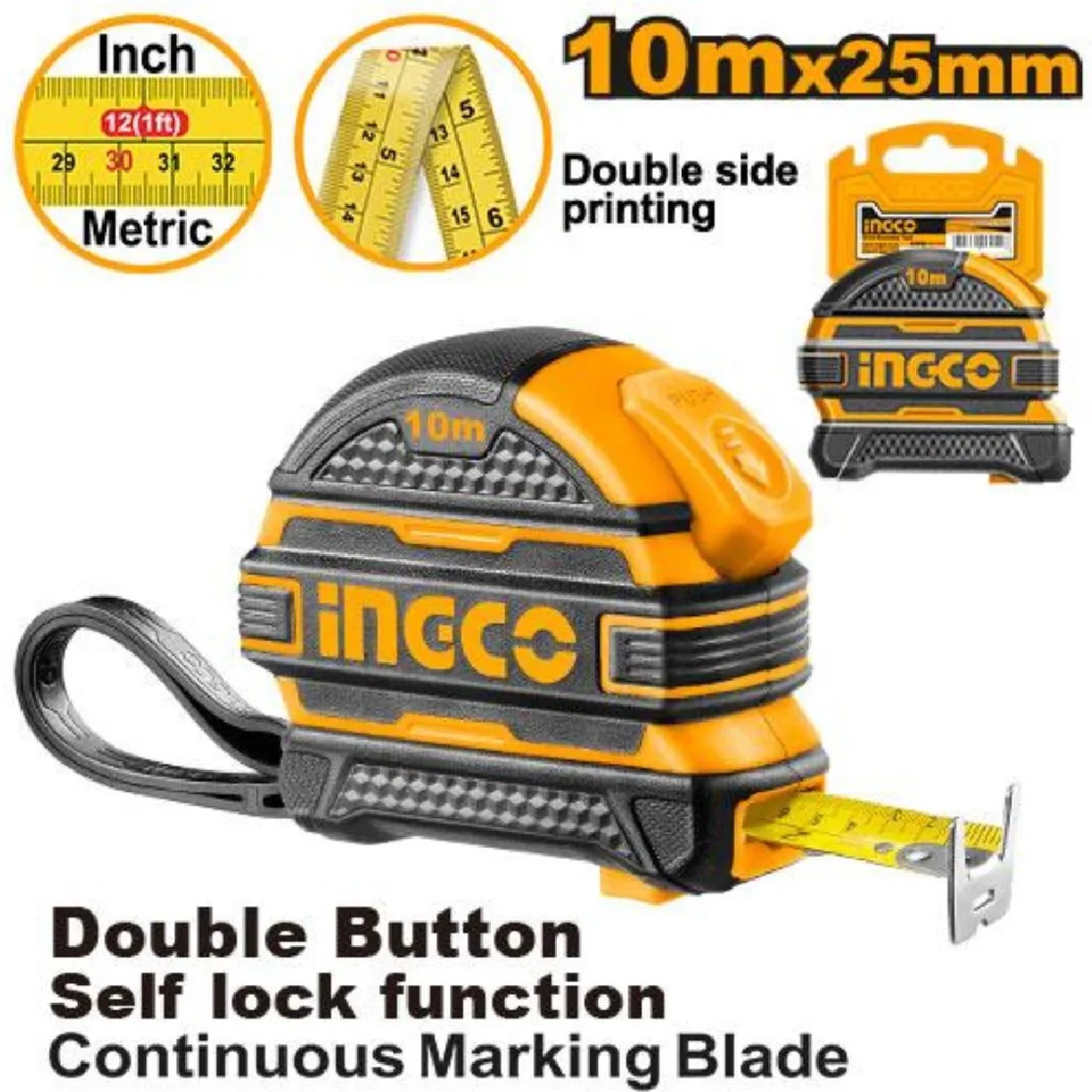 Trena Emborrachada 10 m x 25 mm Botão Duplo e Trava Automática HSMT081025 INGCO