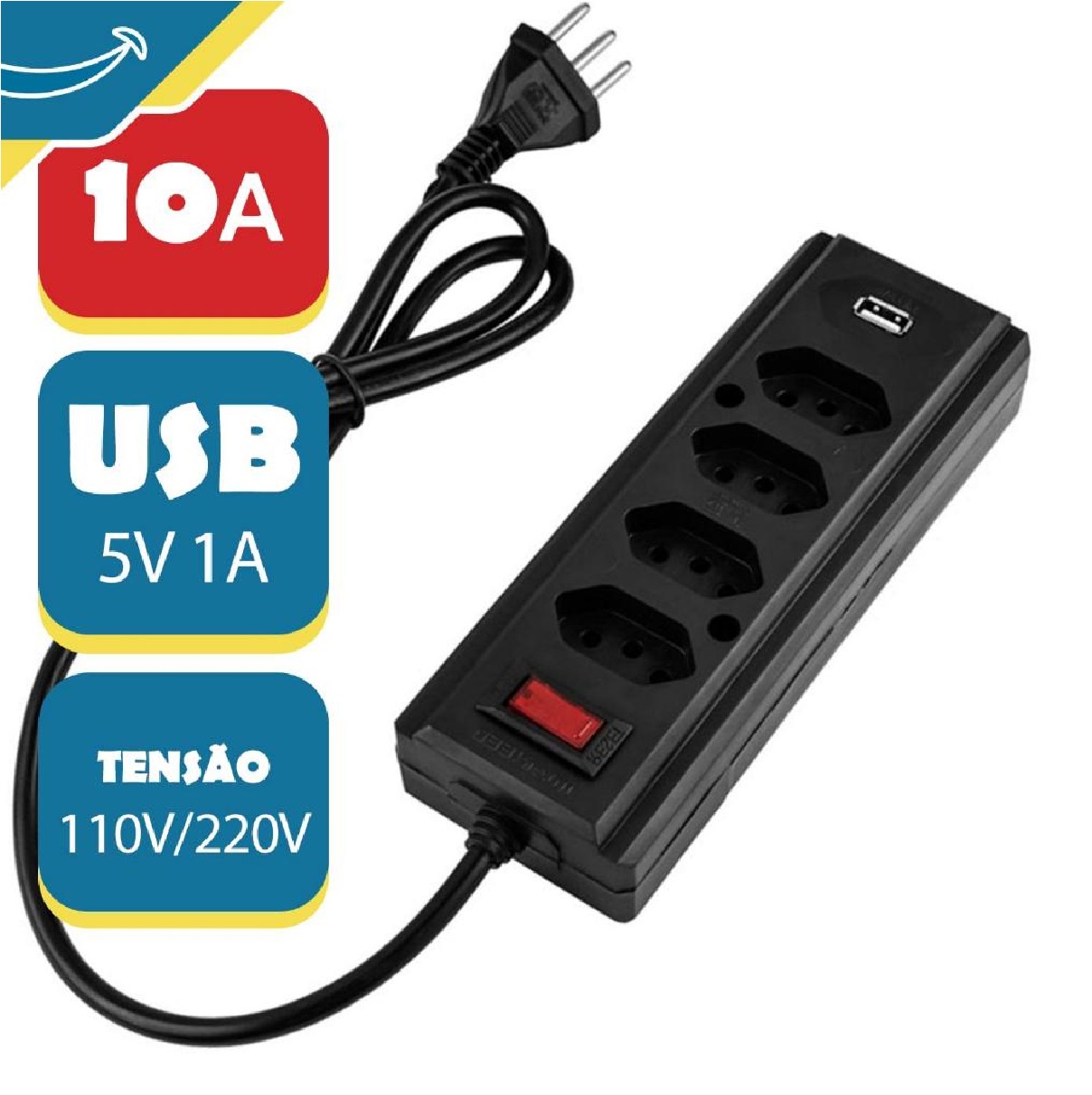 Filtro de Linha Hércules com 4 Tomadas, USB e Cabo de 3 m Bivolt Preto Interneed