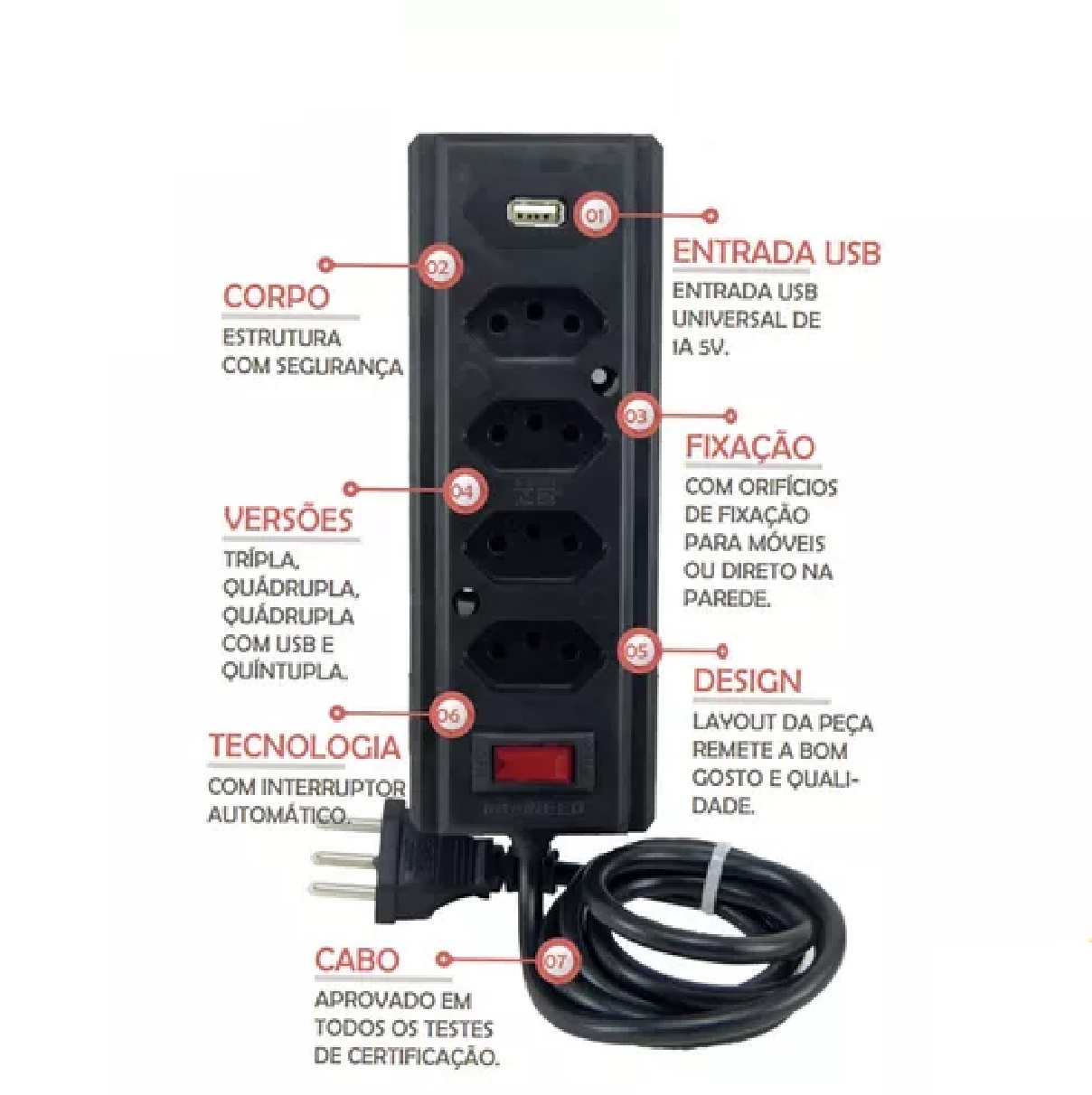 Filtro de Linha Hércules com 4 Tomadas, USB e Cabo de 3 m Bivolt Preto Interneed