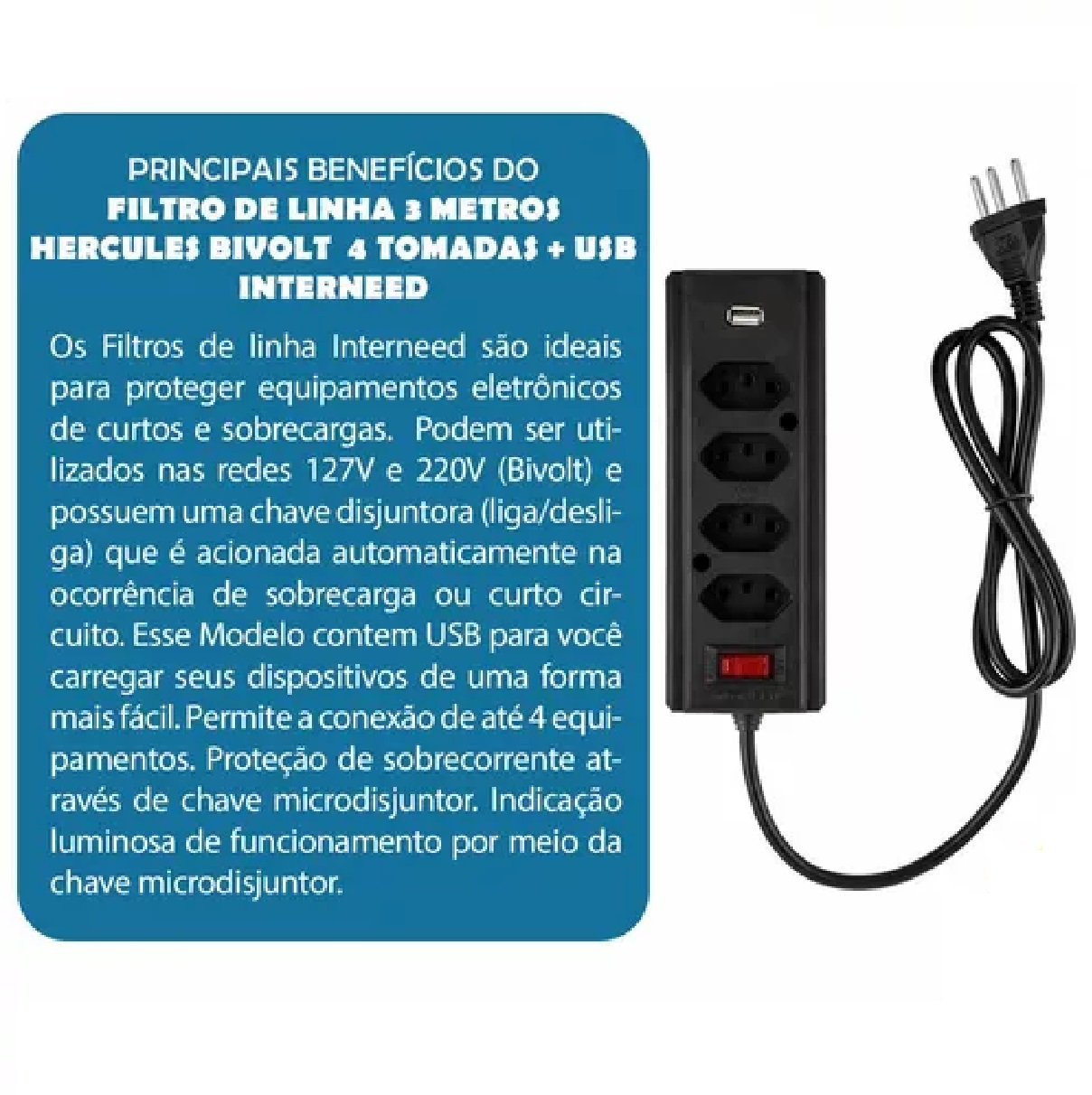 Filtro de Linha Hércules com 4 Tomadas, USB e Cabo de 3 m Bivolt Preto Interneed