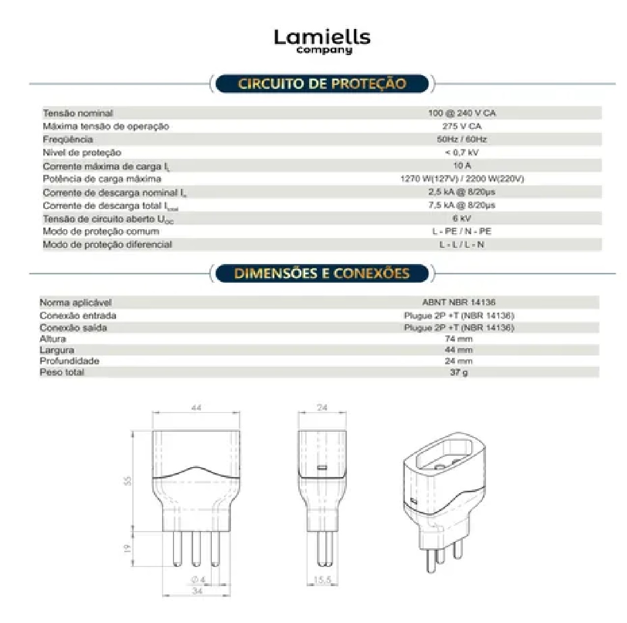 Tomada Protetora com DPS 10 A 100 a 250 Vca 7,5 kA Azul Cristal Embrastec