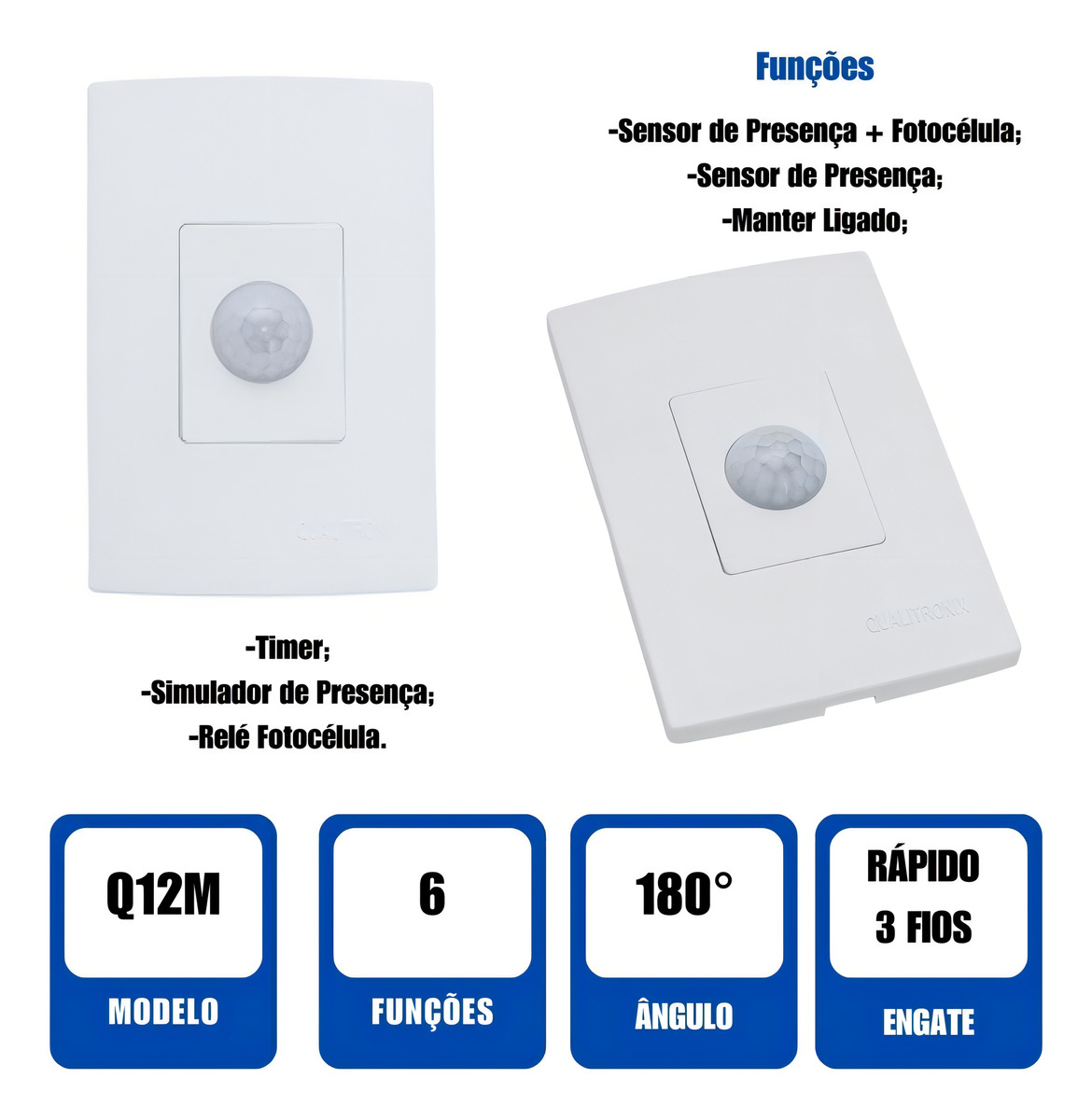 Sensor Presença Embutir 7m 3fios 180° Sem Chave QI2M Qualitronix