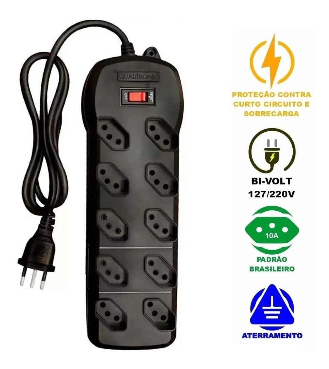 Filtro Linha 10 Tomadas Bivolt Preto QFL10 Qualitronix