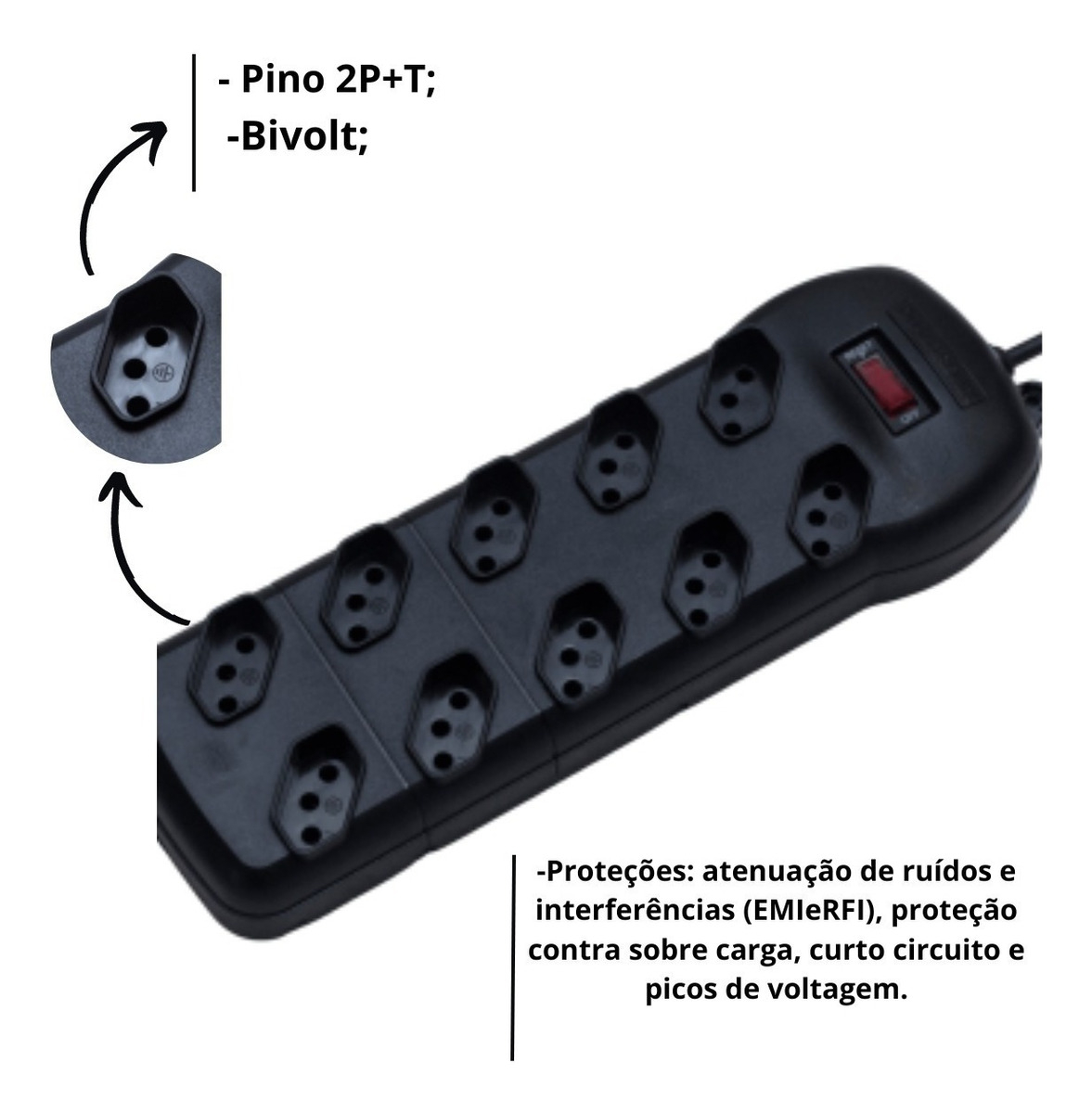 Filtro Linha 10 Tomadas Bivolt Preto QFL10 Qualitronix