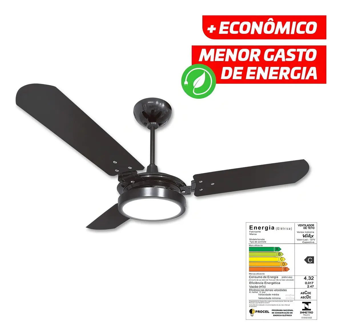 Ventilador de Teto Valen LED 3 Pás 127 V 150 W LED 6500 K Preto/Preto 1,1 m Ventex